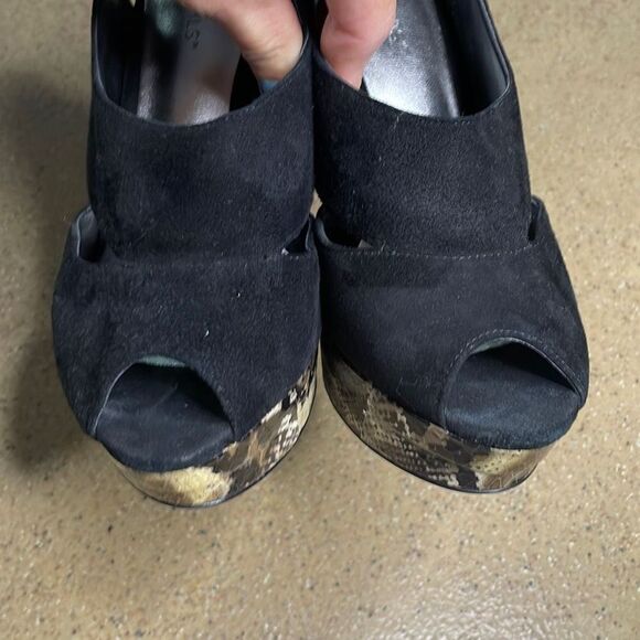 BCBGirls Worker Suede & Snake Embossed Leather Platform Slingback Heels 7.5 Blac - Picture 4 of 13